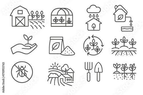 Sustainable Agriculture Icons. Line style icons of sustainable agriculture: organic farm, greenhouse icon, rainwater collection,