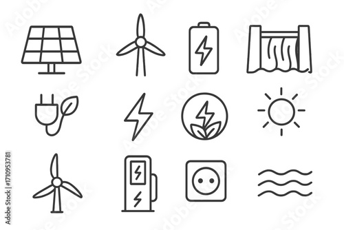 Renewable Energy Icons. Line style icons of renewable energy basics: solar panel, wind turbine, battery with lightning, hydro dam;
