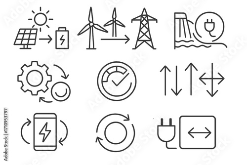 Energy Iconography Design. Line style icons of energy transformation: solar to battery icon, wind to grid, hydro to power icon,