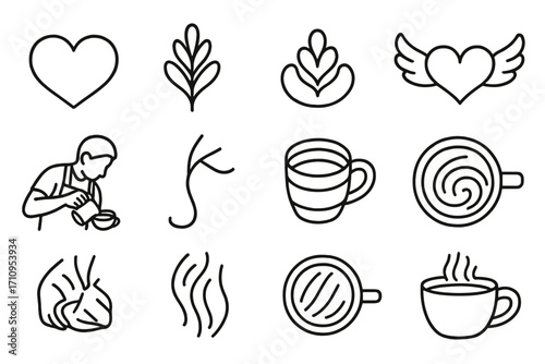 Latte Art Icons. Line style icons of latte art elements: heart pour, rosette icon, tulip swirl, winged heart; barista pouring,