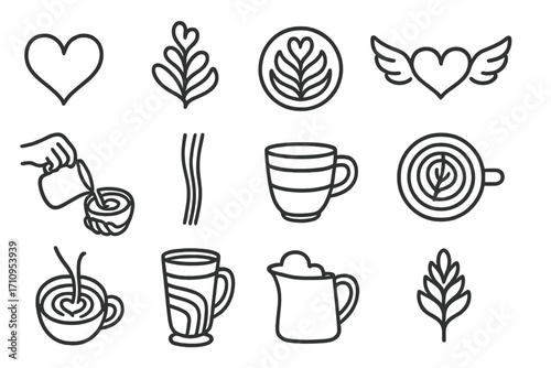Latte Art Icons. Line style icons of latte art elements: heart pour, rosette icon, tulip swirl, winged heart; barista pouring,