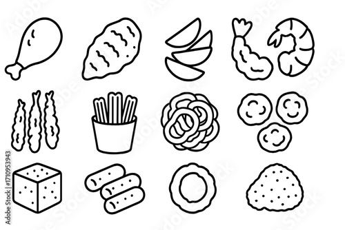 Fried Food Icons. Line style icons of fried fast food: fried chicken breast, battered fish, potato wedges, fried shrimp; tempura