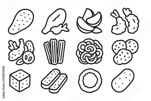Fried Food Icons. Line style icons of fried fast food: fried chicken breast, battered fish, potato wedges, fried shrimp; tempura