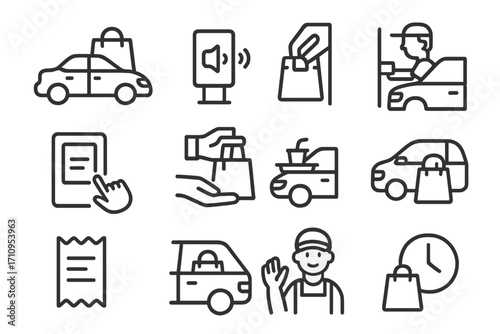 Drive-Thru Icons. Line style icons of drive-thru and takeaway: car with meal bag, speaker box, drive-thru window, staff handoff;