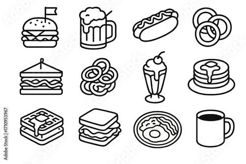 American Diner Icons. Line style icons of American diner food: burger with flag, root beer float, chili dog, onion rings; club