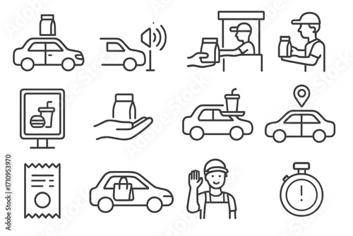 Drive-Thru Icons. Line style icons of drive-thru and takeaway: car with meal bag, speaker box, drive-thru window, staff handoff;