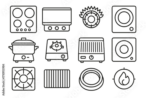 Cooking Surface Icons. Line style icons of cooking surfaces: stovetop, griddle, gas burner, induction hob; electric skillet,