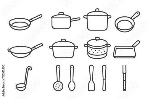 Cooking Tools Icons. Line style icons of cooking tools: frying pan, saucepan, stock pot, skillet; wok, dutch oven, steamer,