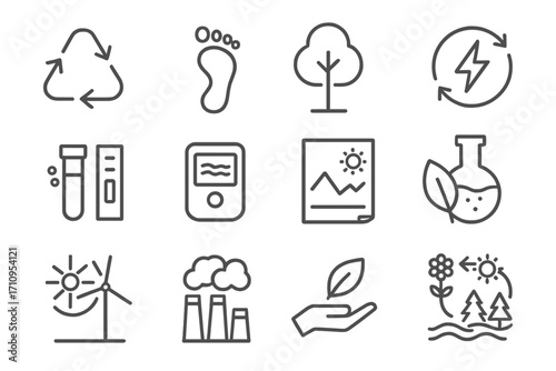 Environmental Icons Collage. Line style icons of environmental science: recycling icon, carbon footprint, tree icon, renewable