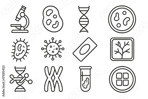 Biology Science Icons. Line style icons of biology science: microscope, cell icon, DNA, petri dish; bacteria, virus, microscope