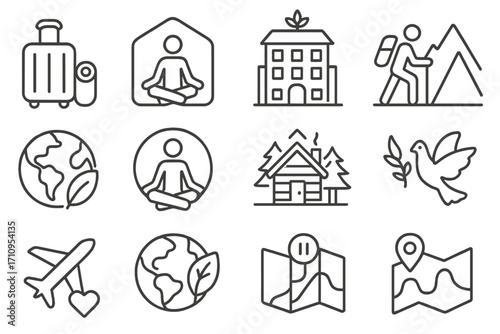 Wellness Travel Icons. Line style icons of wellness travel: suitcase with yoga mat, retreat icon, spa hotel, mountain hike; eco