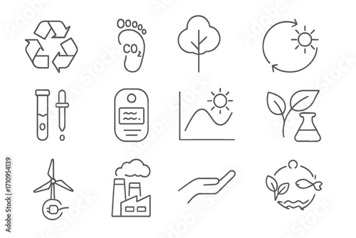 Environmental Icons Collage. Line style icons of environmental science: recycling icon, carbon footprint, tree icon, renewable