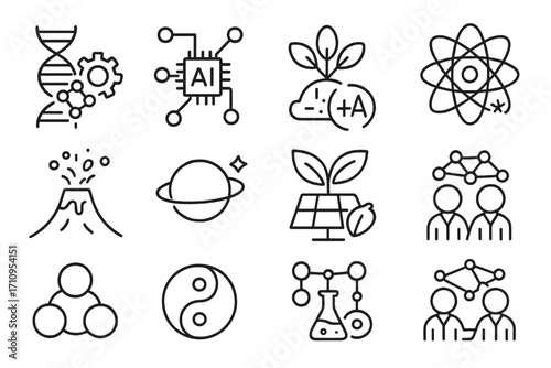 Interdisciplinary Science Icons. Line style icons of interdisciplinary science: DNA with gear, chemistry + AI icon, bioengineering