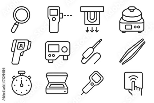 Scientific Tool Icons. Line style icons of scientific tools: magnifying glass, laser device, UV lamp, centrifuge; thermal camera,