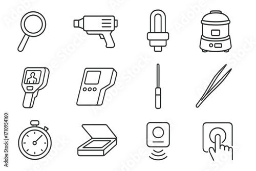 Scientific Tool Icons. Line style icons of scientific tools: magnifying glass, laser device, UV lamp, centrifuge; thermal camera,