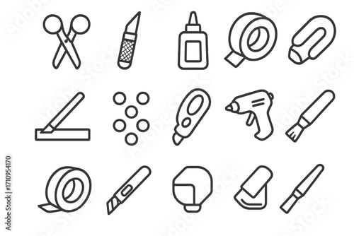Craft Tools Icons. Line style icons of cutting and gluing: safety scissors, precision knife, glue bottle, double-sided tape; paper