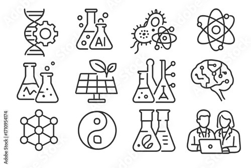 Interdisciplinary Science Icons. Line style icons of interdisciplinary science: DNA with gear, chemistry + AI icon, bioengineering