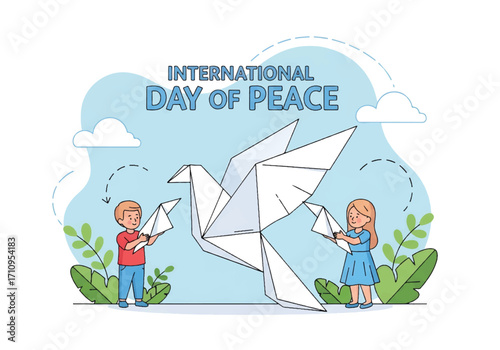 Flat illustration of children holding an origami dove, symbolizing peace and harmony, celebrating International Day of Peace with hope, kindness, and unity for a better world
