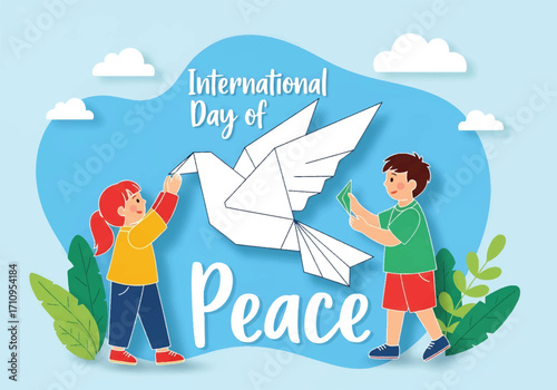 Flat illustration of children holding an origami dove, symbolizing peace and harmony, celebrating International Day of Peace with hope, kindness, and unity for a better world