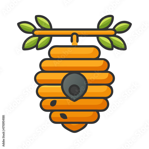 Isolated beehive hanging from branch vector illustration for beekeeping and honey production