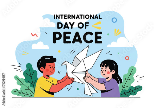Flat illustration of children holding an origami dove, symbolizing peace and harmony, celebrating International Day of Peace with hope, kindness, and unity for a better world