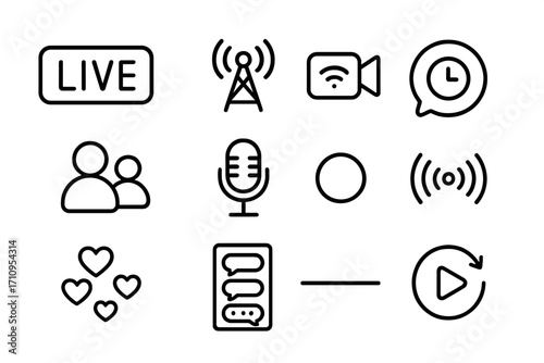 Live Content Icons. Line style icons of live content: live label, broadcast icon, streaming camera, real-time chat; viewer count,