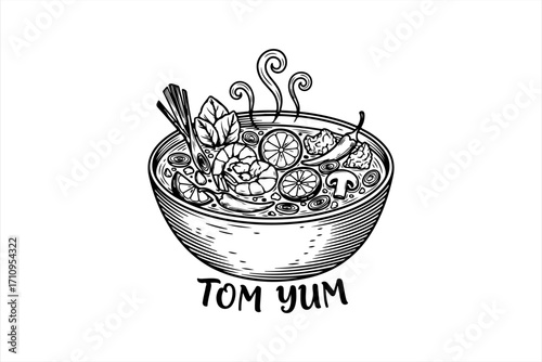 A bowl of Tom Yum soup with shrimp, lemon, chili, and herbs, with steam rising.