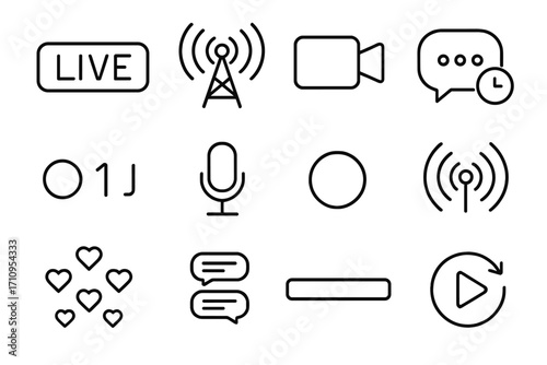 Live Content Icons. Line style icons of live content: live label, broadcast icon, streaming camera, real-time chat; viewer count,