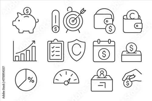 Savings Line Icons. Line style icons of savings and budgeting: piggy bank, coin slot, savings goal, wallet with coin; budget chart