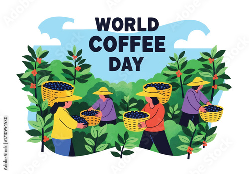 Flat illustration of farmers harvesting coffee cherries in a plantation, celebrating World Coffee Day and highlighting coffee production, agriculture, culture, and the journey from farm to cup