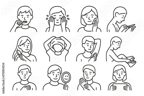 Daily Self-Care Icons. Line style icons of daily self-care: brushing teeth, washing face, applying lotion, trimming nails;