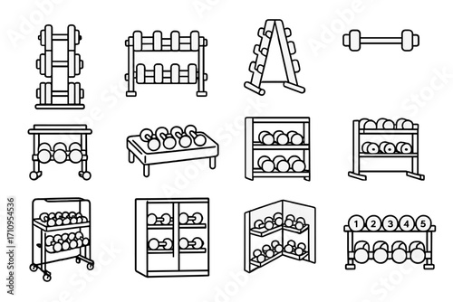 Dumbbell Rack Icons. Line style icons of dumbbell storage solutions: vertical dumbbell rack, horizontal dumbbell rack, A-frame
