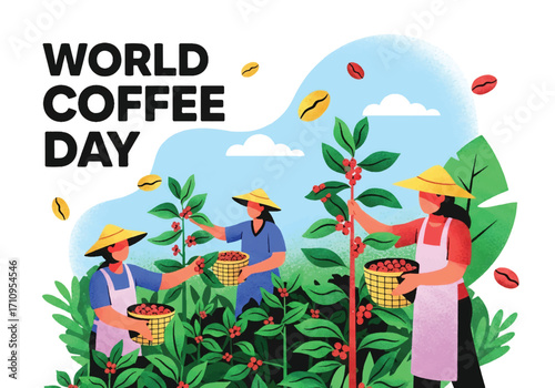 Flat illustration of farmers harvesting coffee cherries in a plantation, celebrating World Coffee Day and highlighting coffee production, agriculture, culture, and the journey from farm to cup