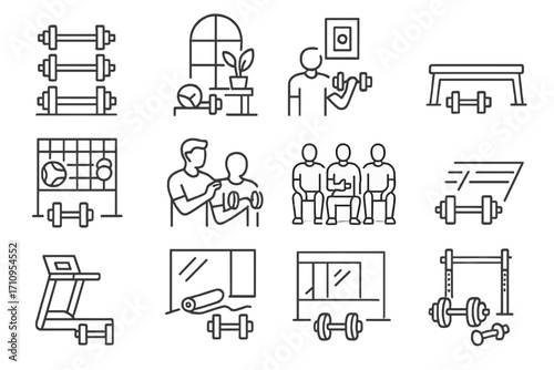 Gym Dumbbell Icons. Line style icons of dumbbells in various gym settings: commercial gym dumbbells, boutique gym dumbbells,