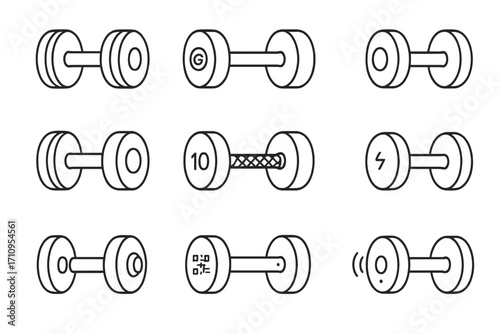 Custom Dumbbell Icons. Line style icons of dumbbell customization: engraved dumbbell, branded dumbbell, dumbbell with sticker,