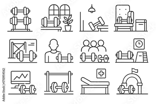 Gym Dumbbell Icons. Line style icons of dumbbells in various gym settings: commercial gym dumbbells, boutique gym dumbbells,