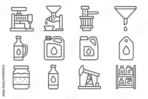 Oil Extraction Icons. Line style icons of oil extraction and storage: oil press machine, seed press, oil filter, oil funnel; oil