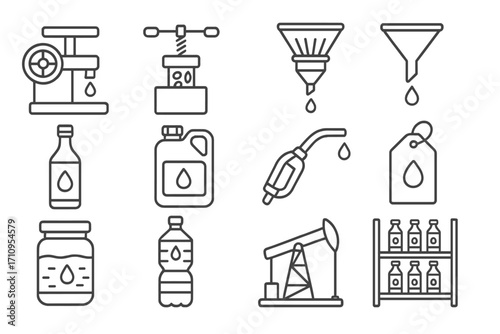 Oil Extraction Icons. Line style icons of oil extraction and storage: oil press machine, seed press, oil filter, oil funnel; oil