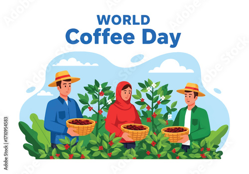 Flat illustration of farmers harvesting coffee cherries in a plantation, celebrating World Coffee Day and highlighting coffee production, agriculture, culture, and the journey from farm to cup