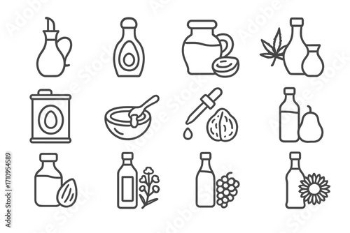 Healthy Oils Icons. Line style icons of healthy oils: olive oil dispenser, avocado oil bottle, flax oil jar, hemp oil glass;