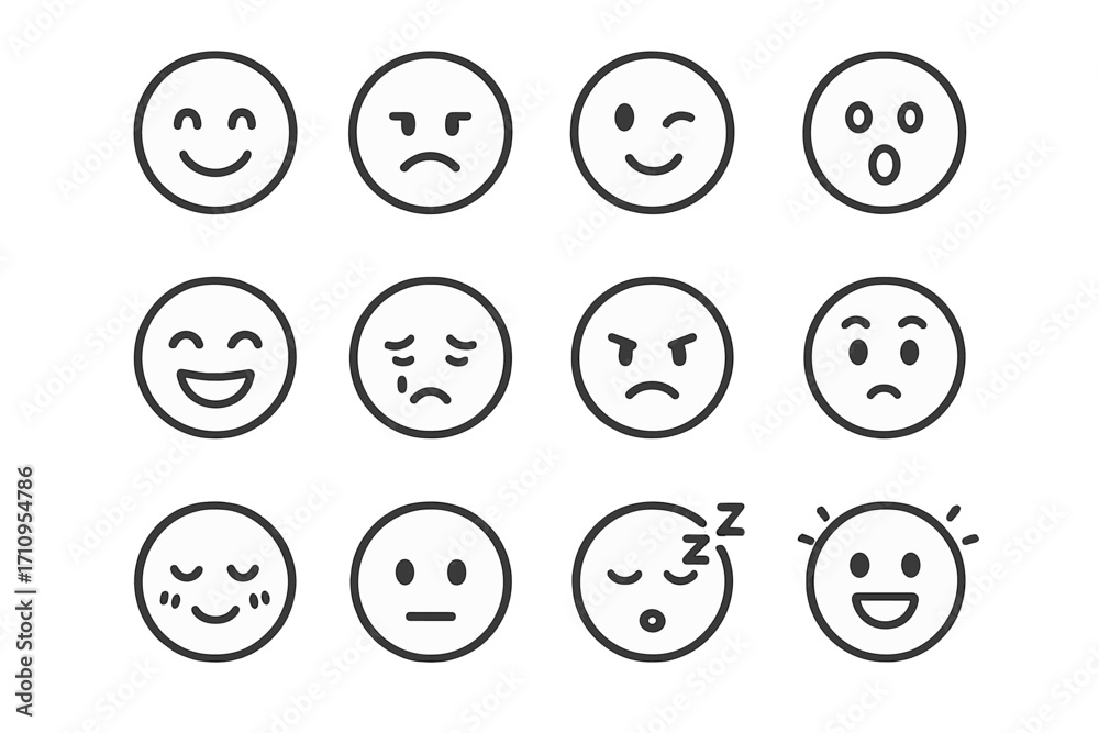Emotion Icons Collection. Line style icons of emotions and expressions: smile, frown, wink, surprised face; laughing, crying, Emotion Icons Collection. Line style icons of emotions and expressions: smile, frown, wink, surprised face; laughing, crying,