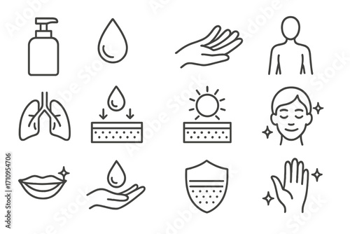 Minimalist Body Care Icons. Line style icons of minimalist body care: lotion bottle, skin droplet, open palm, body outline;