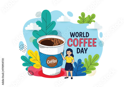 Flat illustration of a woman standing beside a giant coffee cup, celebrating World Coffee Day and highlighting the love for coffee, lifestyle, energy, and global coffee culture