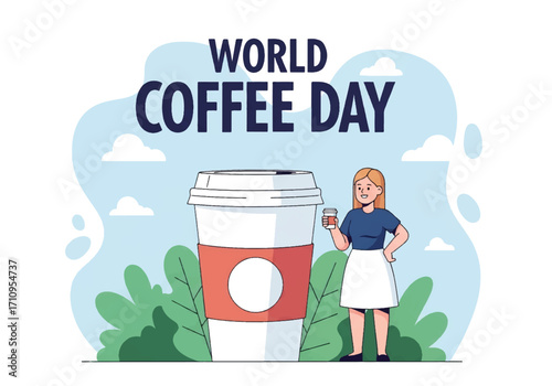 Flat illustration of a woman standing beside a giant coffee cup, celebrating World Coffee Day and highlighting the love for coffee, lifestyle, energy, and global coffee culture