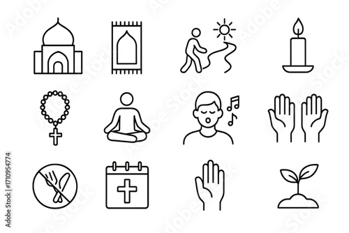 Religious Life Icons. Line style icons of religious life: place of worship, prayer mat, spiritual journey, candlelight vigil;