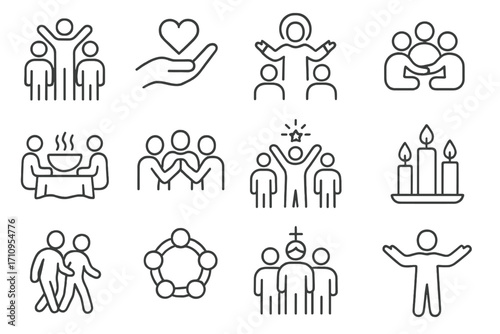 Faith and Community Icons. Line style icons of faith and community: worship group, charity hand, spiritual teacher, gathering