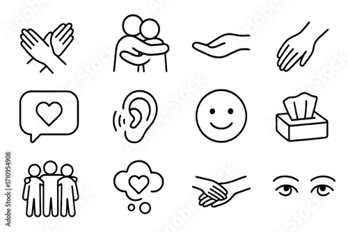 Emotional Support Icons. Line style icons of emotional support: supportive arms, hug, kind gesture, comforting hand; chat bubble