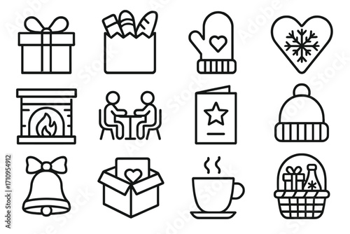 Holiday Charity Icons. Line style icons of holiday charity: gift box, wrapped food, mitten hand, snowflake heart; fireplace,