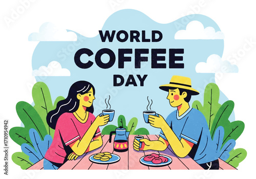 Flat illustration of two people enjoying coffee at an outdoor table, celebrating World Coffee Day and highlighting social connection, lifestyle, and the global love for coffee