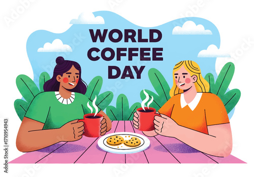 Flat illustration of two people enjoying coffee at an outdoor table, celebrating World Coffee Day and highlighting social connection, lifestyle, and the global love for coffee